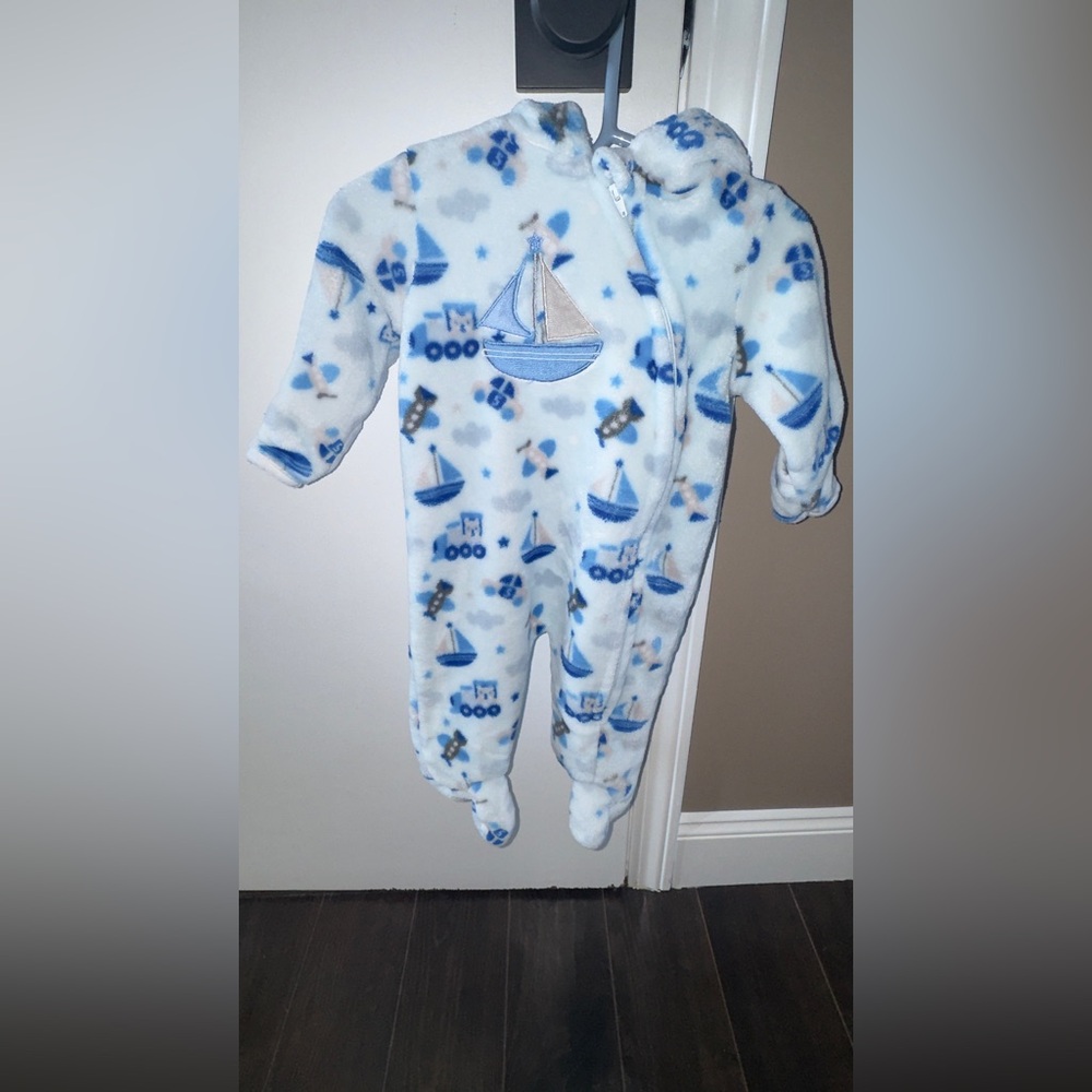 Fuzzy Sailboat Print Blue and White Footie